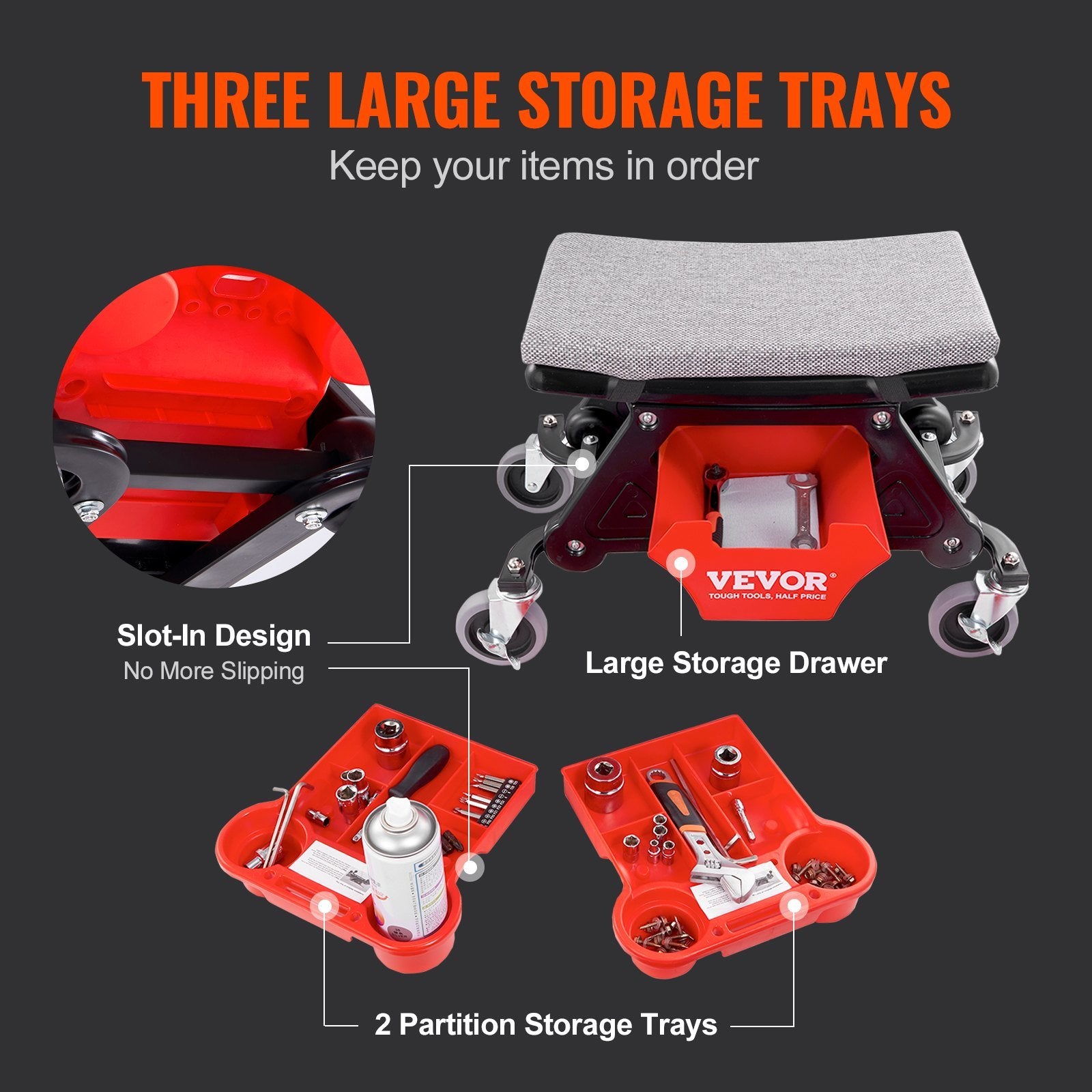 VEVOR Mechanics Stool, 300 LBS Capacity Rolling Mechanic Seat with 4" Wheels, with Three Slide Out Tool Trays and Drawer, Heavy Duty Roller Creeper Seat for Home Garage DIY Automotive Doba